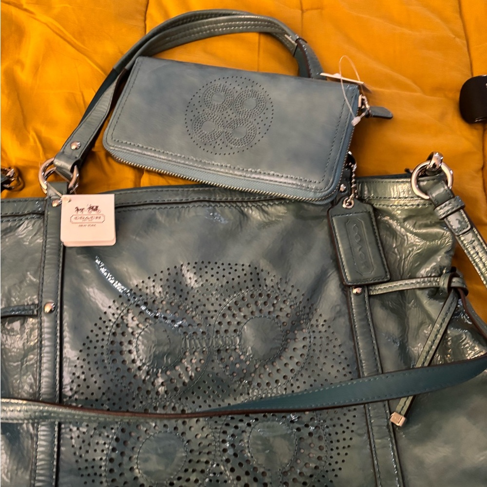 Coach Teal Leather Shoulder Bag and Wallet